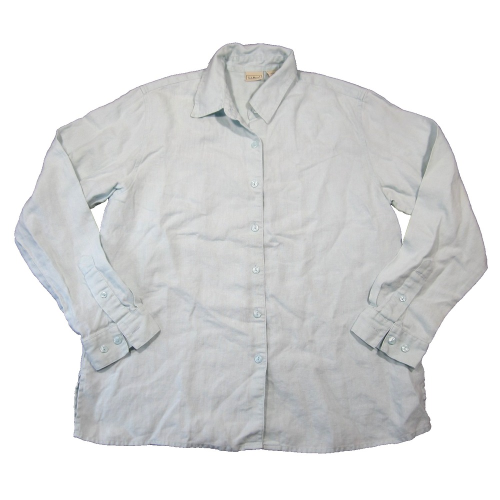 LL Bean Linen Shirt Women S Light Teal‎ Long Sleeve Button Coastal Resort Casual
